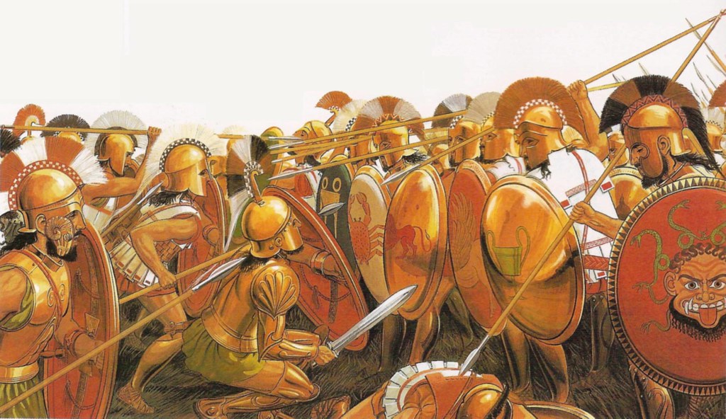 two phalanxes of greek hoplites clashing in battle. Shield to shield.