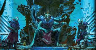 A bunch of fishmen, one sitting on a throne and flanked by three others. Everything is in green and blue tones, cold, dark, a little scary.