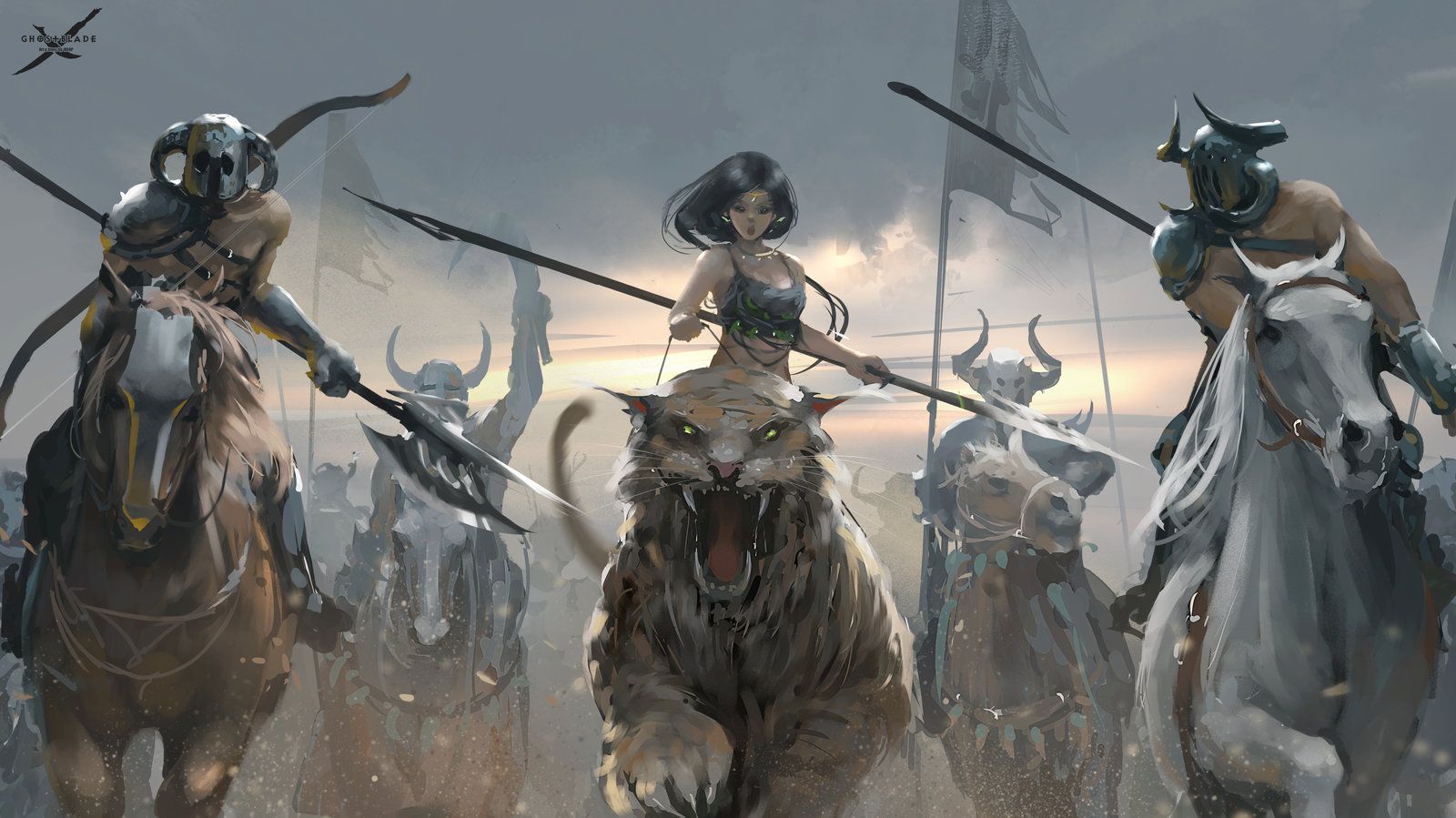 barbarian woman and others mounted on sabertooth tigers