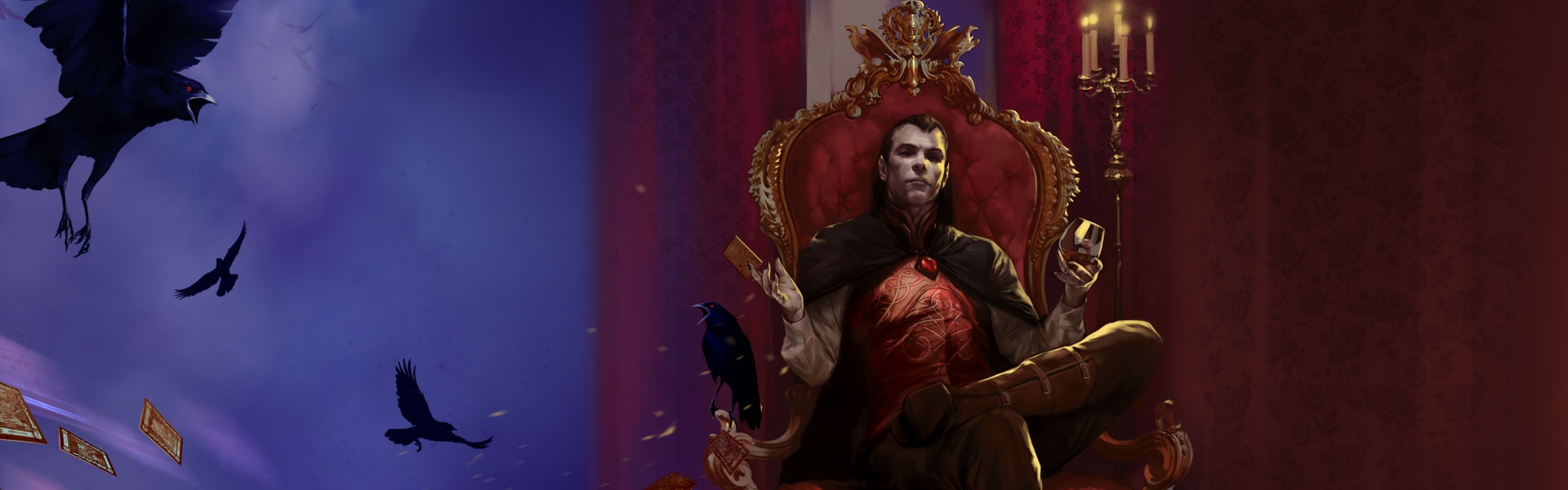 Count Strahd sitting on his throne, taken from the cover of the D&D book Curse of Strahd