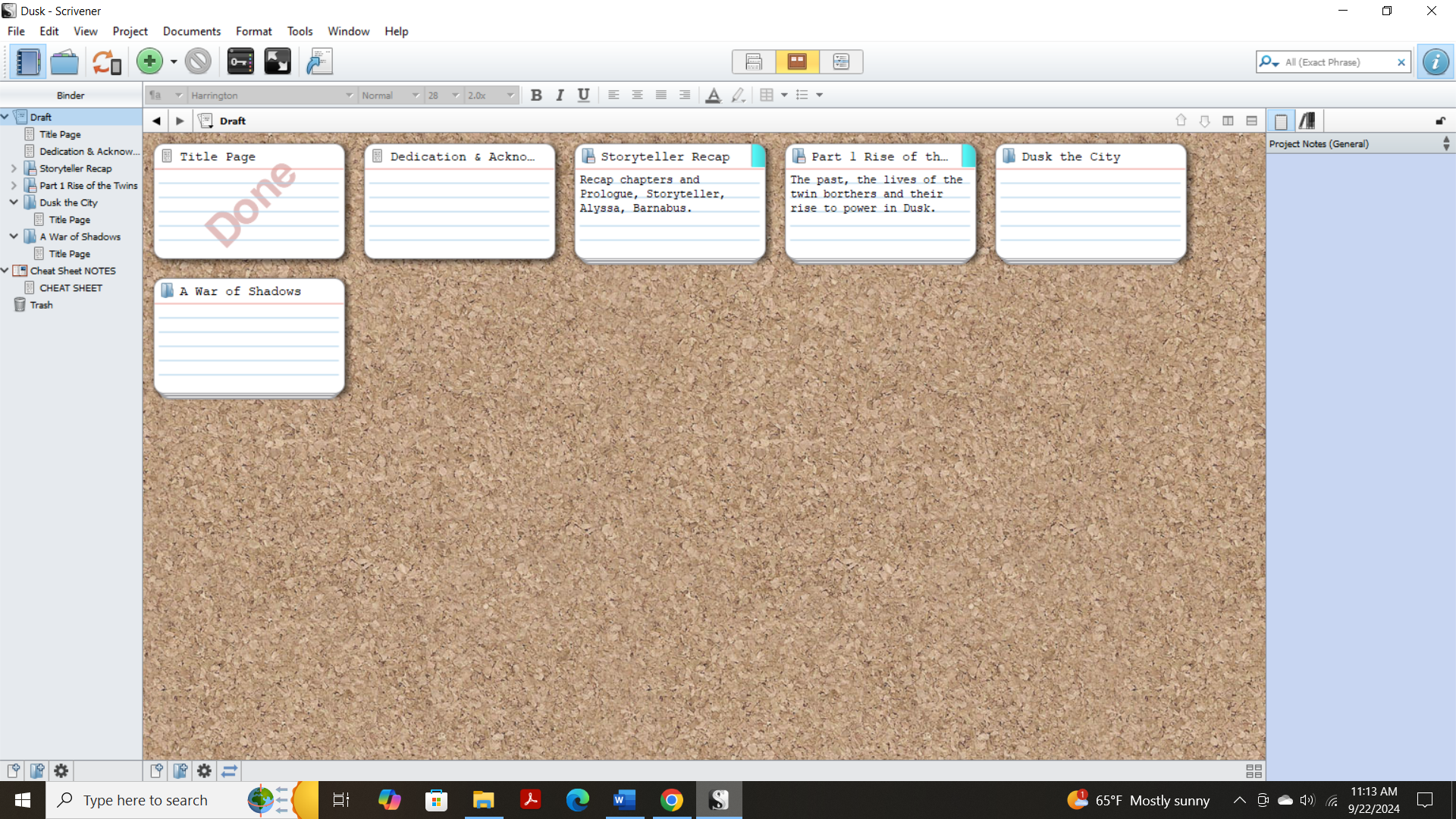 cork board layout of my current novel project, working title Dusk.